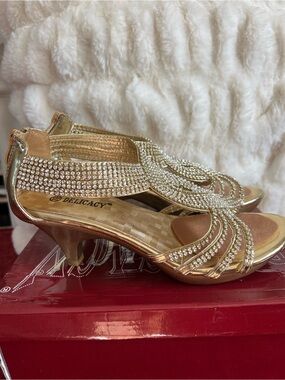 Delicacy Gold Crystal T-Strap Dress Heels